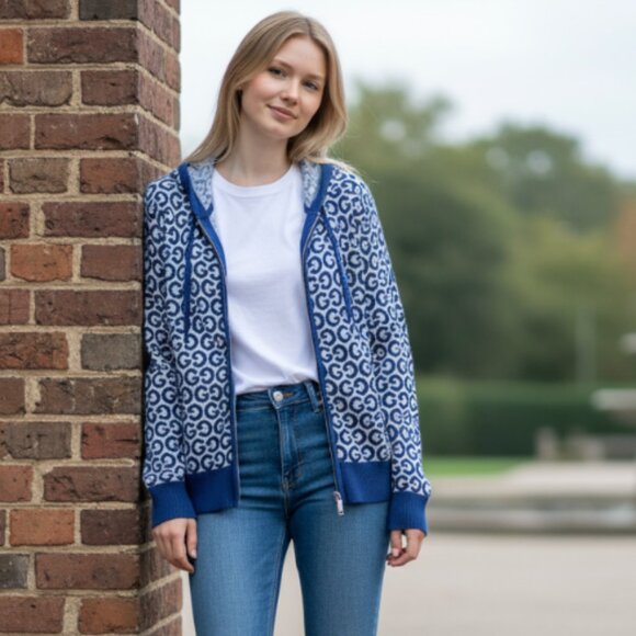 NWT GUESS AVERY FULL ZIP SWEATER HOODIE All Over Print - Picture 2 of 7